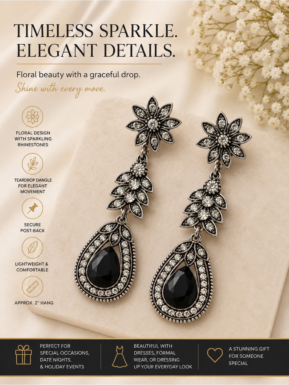 paparazzi Black Teardrop Floral Dangle Earrings with Rhinestones